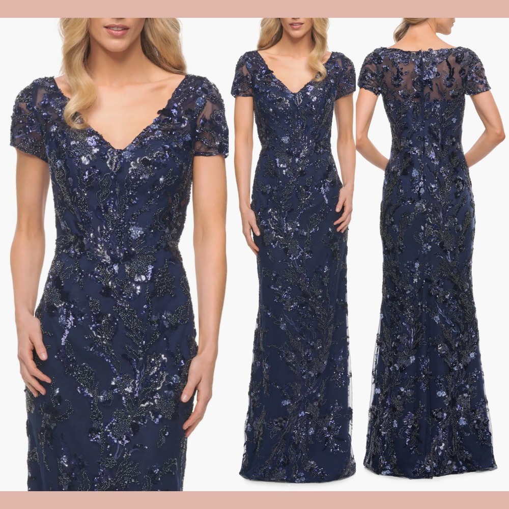 NWT $785 La Femme [ 10 ] Stunning Beaded Long Gown‎ with V Neckline Navy J1382
